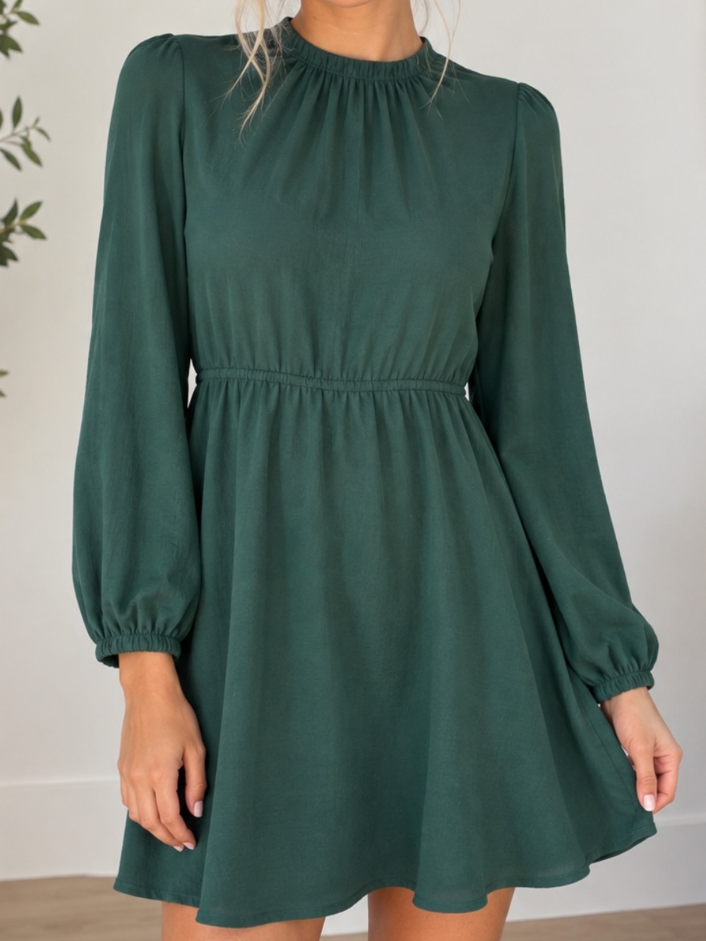 Aritzia Sunday Best Deep Green Long Sleeve Gathered Neck Dress